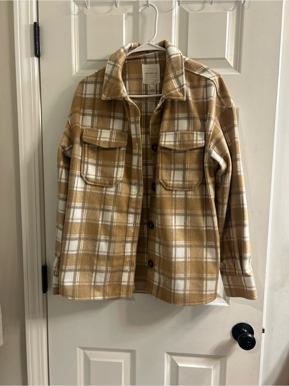 Avec Les Filles Camel and White Plaid Teddy Shacket